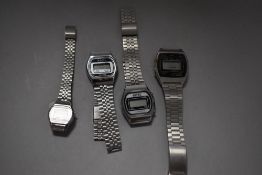 Four men's digital wristwatches including Casio, Saxon and Omac.