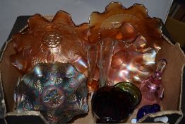 Six Carnival glass fluted edged bowls, two art glass blown bottom vases and a blue glass perfume