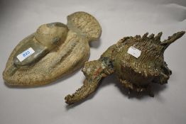 Two pieces of vintage studio pottery including a sea shell and a sea bird.