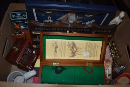 An assortment of items including a vintage Snooker Scorer, a framed picture of sailors knots, The