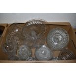 A selection of mixed pressed glasswares, vases, bowls, plate