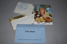 A handkerchief signed by Cilla Black and a signed Cilla Black post card.