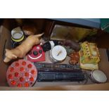 A cottage ware butter dish and cover, Ferranti oak cased mantel clock, various animal figures, and
