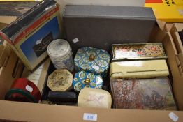 A box of mixed tins to include Boots Motorist's first aid box, and boxed St-702 linguaphone