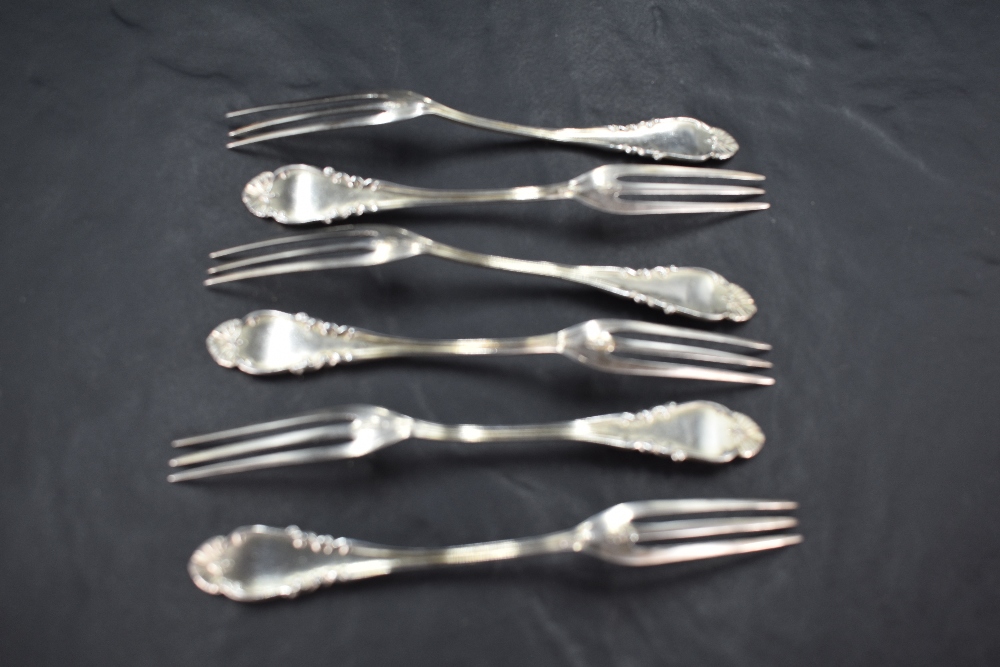 A set of six American sterling silver dessert or pastry forks, each having three slender tines, - Image 2 of 2