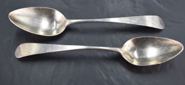 A pair of George III silver serving spoons, Old English pattern with engraved initials WEH and pip