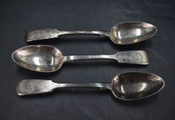 A group of three Victorian silver spoons, fiddle pattern with engraved foliate cartouche and initial
