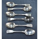 A group of five William IV silver teaspoons, fiddle pattern with pip reverse, engraved initials