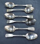 A group of five William IV silver teaspoons, fiddle pattern with pip reverse, engraved initials