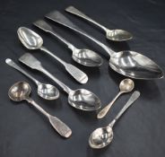 A George III silver serving spoon, Old English pattern with engraved initial C and pip reverse,
