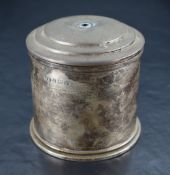 A George VI lidded silver dressing table box, of cylindrical form, the cover step moulded, marks