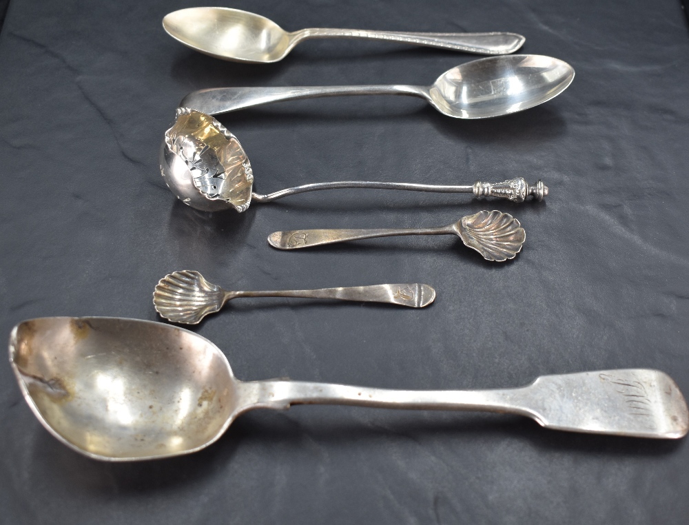 A pair of George III silver condiment spoons, Old English pattern with scalloped bowls, marks for