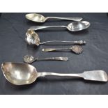 A pair of George III silver condiment spoons, Old English pattern with scalloped bowls, marks for