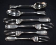 A group of Victorian silver fiddle and thread pattern flatware, engraved Masonic type crest to