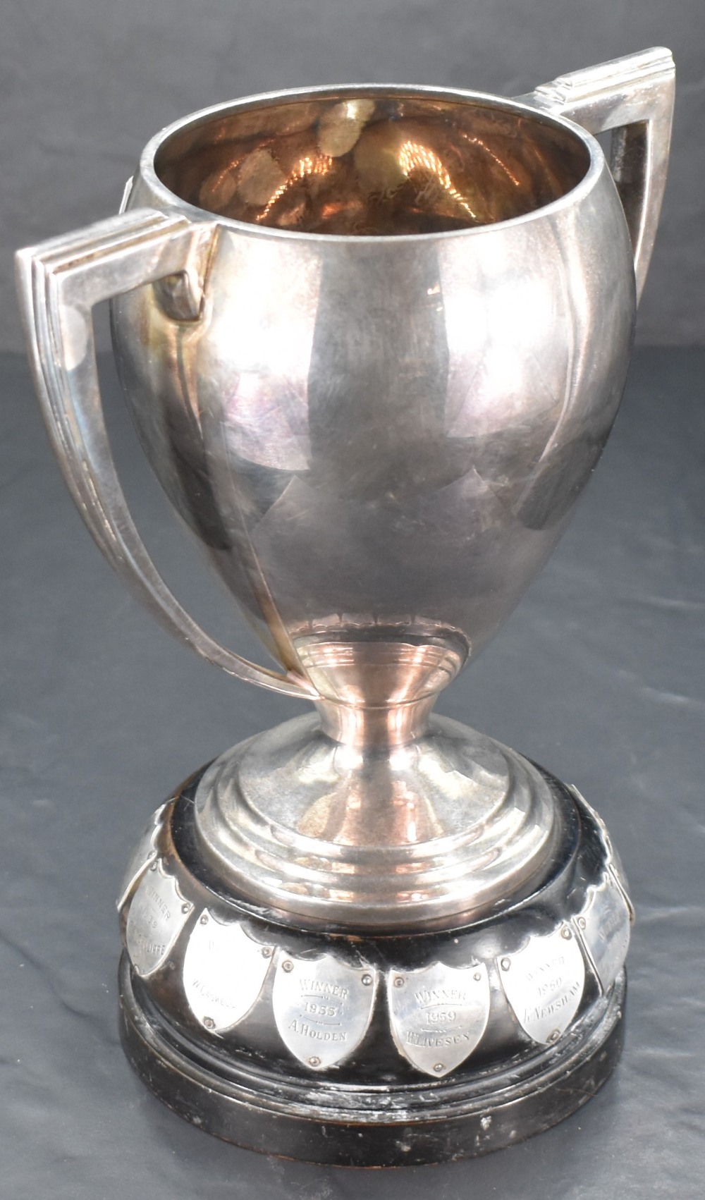 A good George V silver two-handled trophy of Art Deco design with tapering body, angular handles and - Image 2 of 4