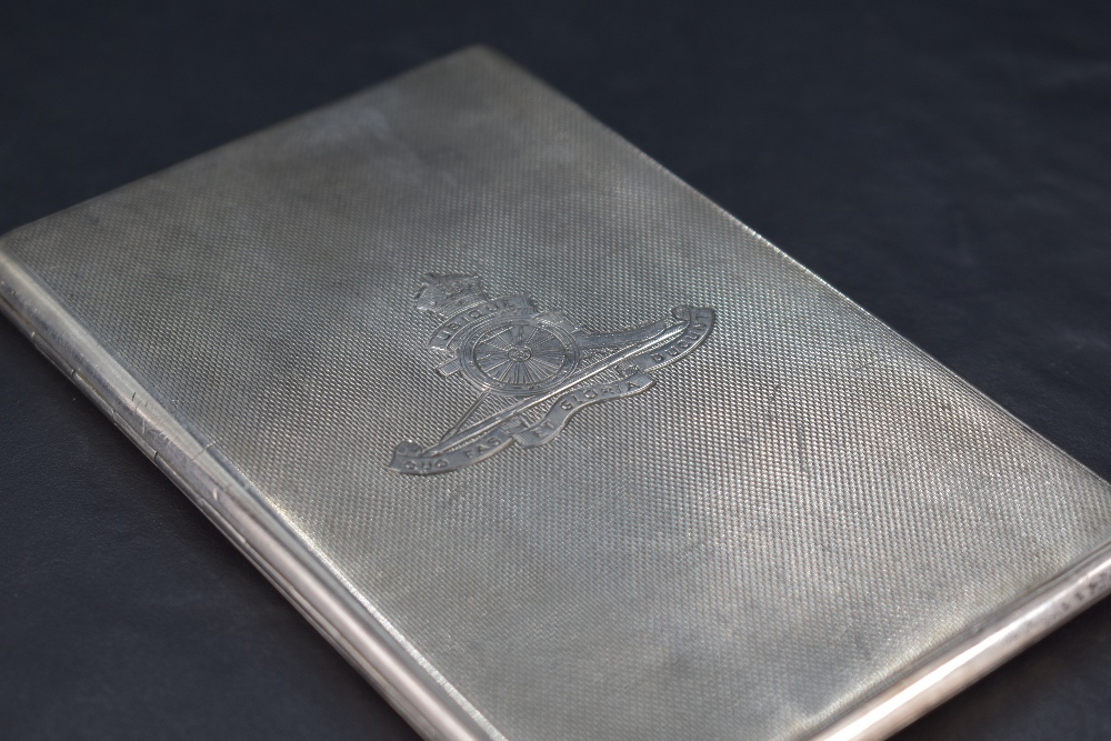 A George VI silver military interest cigarette case, of hinged rectangular form, engine-turned - Image 2 of 3