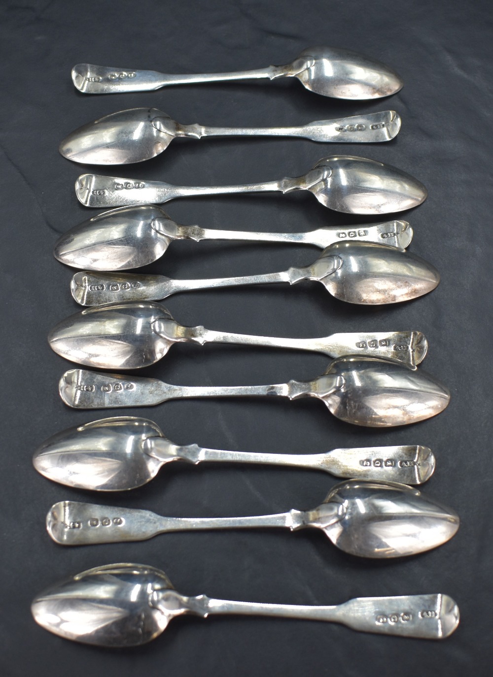 A set of ten George IV silver spoons, fiddle pattern with engraved initials WPE, marks for London - Image 2 of 2