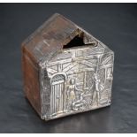 An Edwardian silver fronted money bank, formed as a building with embossed detail to front, marks
