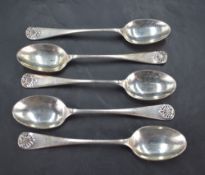 A group of five Edwardian silver shall pattern teaspoons, marks for Chester 1909, maker Barker