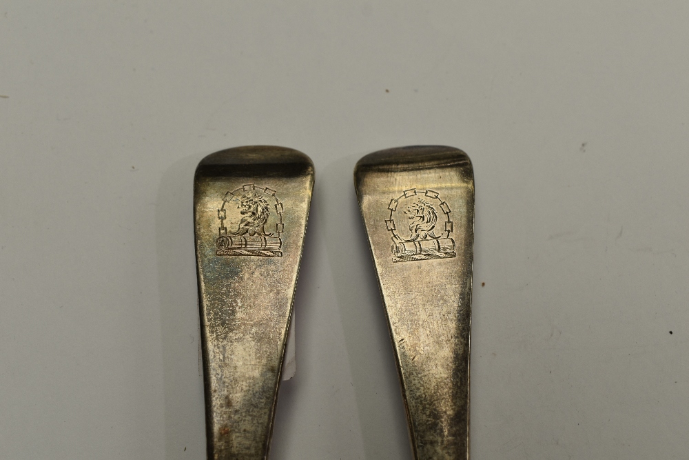 A pair of early 19th century Irish silver table spoons, Hanoverian pattern with engraved lion head - Image 3 of 3