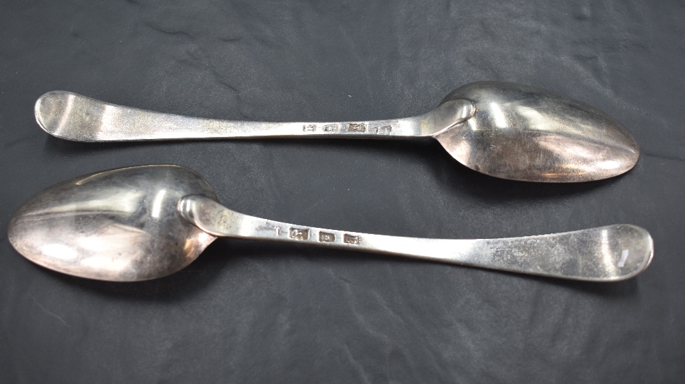 A pair of George II silver serving spoons, Old English pattern with gadrooned edge detail and oval - Image 2 of 2