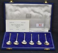 A cased set of six replica 'antique' English anointing spoons, each with differing 'knop' marks