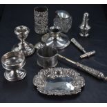A selection of mixed silver and white metal items, to include pepperette, squat candlestick,