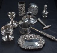 A selection of mixed silver and white metal items, to include pepperette, squat candlestick,