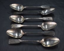 A harlequin set of six 19th century Irish silver teaspoons, fiddle pattern engraved with initial