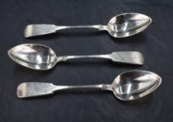 A group of three Victorian Scottish provincial silver table spoons, fiddle pattern with engraved