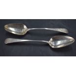 A Pair of George III silver Old English pattern table spoons, each with engraved initials 'A.E',