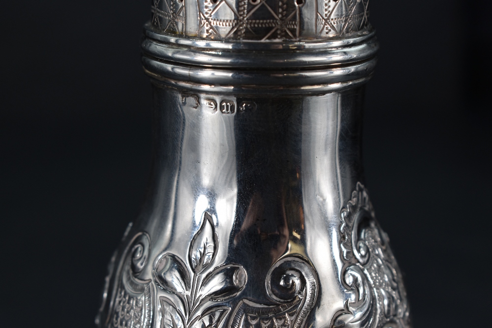 A Victorian silver sugar caster, having a pierced, finial topped and engraved cover over the foliate - Image 3 of 3