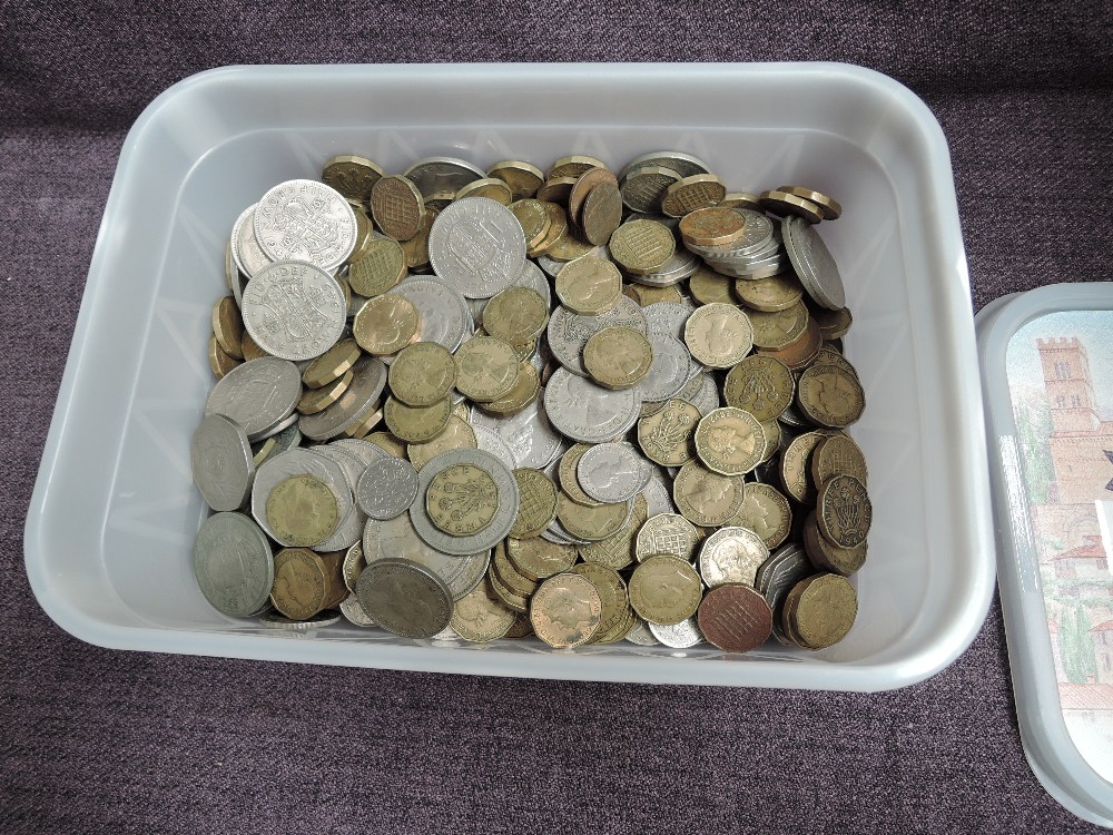 A box of GB Coins, no silver seen includes Threepences, Shillings, Florins, Half Crowns etc