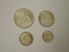 A set of four 1910 Edward VII Australian Silver Coins, Florin, Shilling, Sixpence and Threepence, in