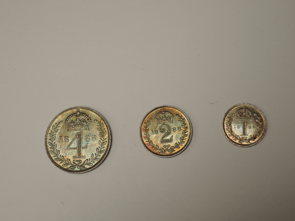 A part set of 1888 Queen Victoria Silver Maundy Coins, Four Pence, Two Pence and Penny