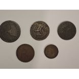 Five Isle of Man Coins, 1786 Penny, 1758 x2, 1839 Half Pennies and 1839 Farthing (5)