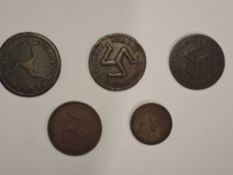 Five Isle of Man Coins, 1786 Penny, 1758 x2, 1839 Half Pennies and 1839 Farthing (5)