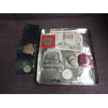 A collection of World Coins and Banknotes including 1890 GB Crown and other GB Silver Coins along