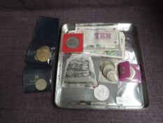 A collection of World Coins and Banknotes including 1890 GB Crown and other GB Silver Coins along
