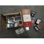 A box of GB & World Coins and Medallions including cased double Crown Set including 1935 Silver Cro