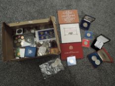 A box of GB & World Coins and Medallions including cased double Crown Set including 1935 Silver Cro
