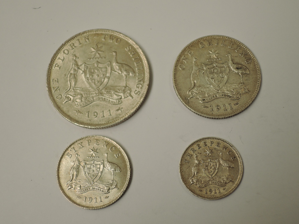 A set of four 1911 George V Australian Silver Coins, Florin, Shilling, Sixpence and Threepence,