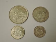 A set of four 1911 George V Australian Silver Coins, Florin, Shilling, Sixpence and Threepence,