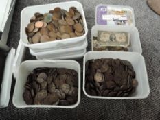 A large collection of GB Copper Coins in five boxes along with a box of World Coins & Banknotes