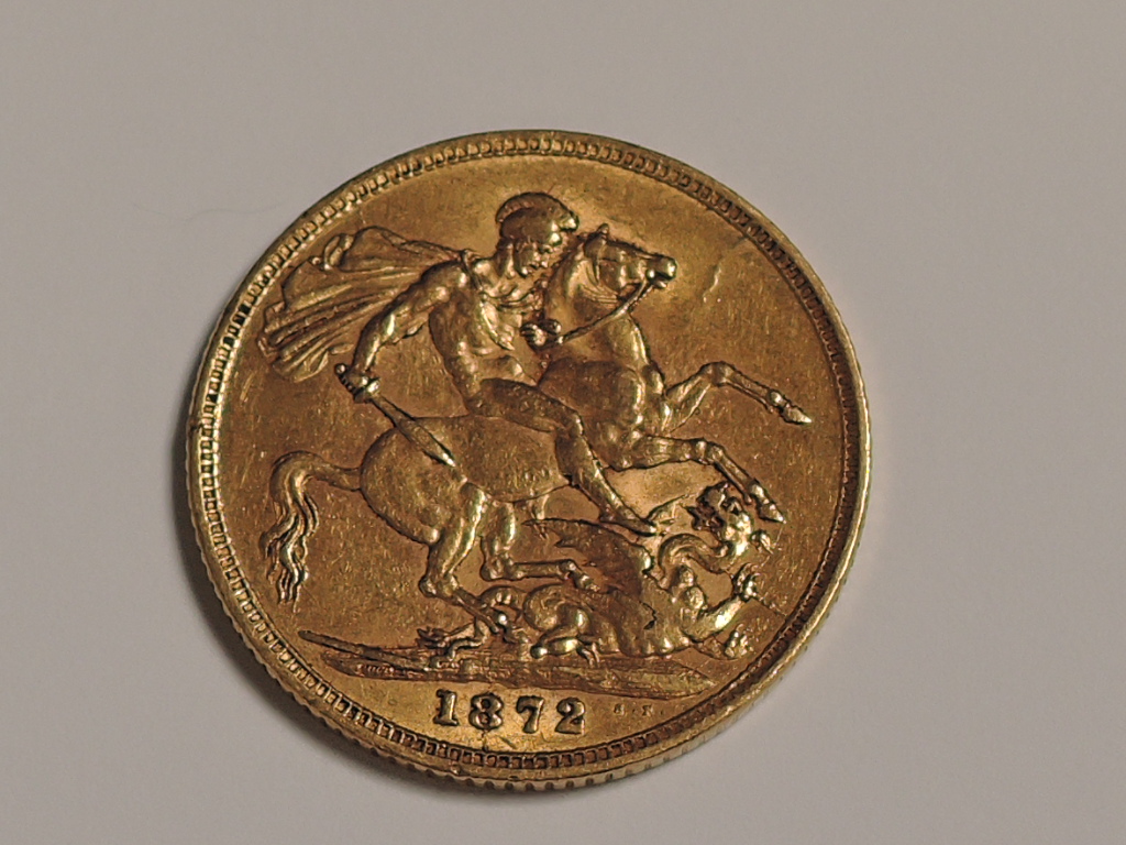 A 1872 Queen Victoria Gold Sovereign, Young Head, Royal Mint