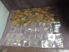 A tin of Copper/Bronze Coins and other miscellaneous items including Pennies, Cartwheel 1797,