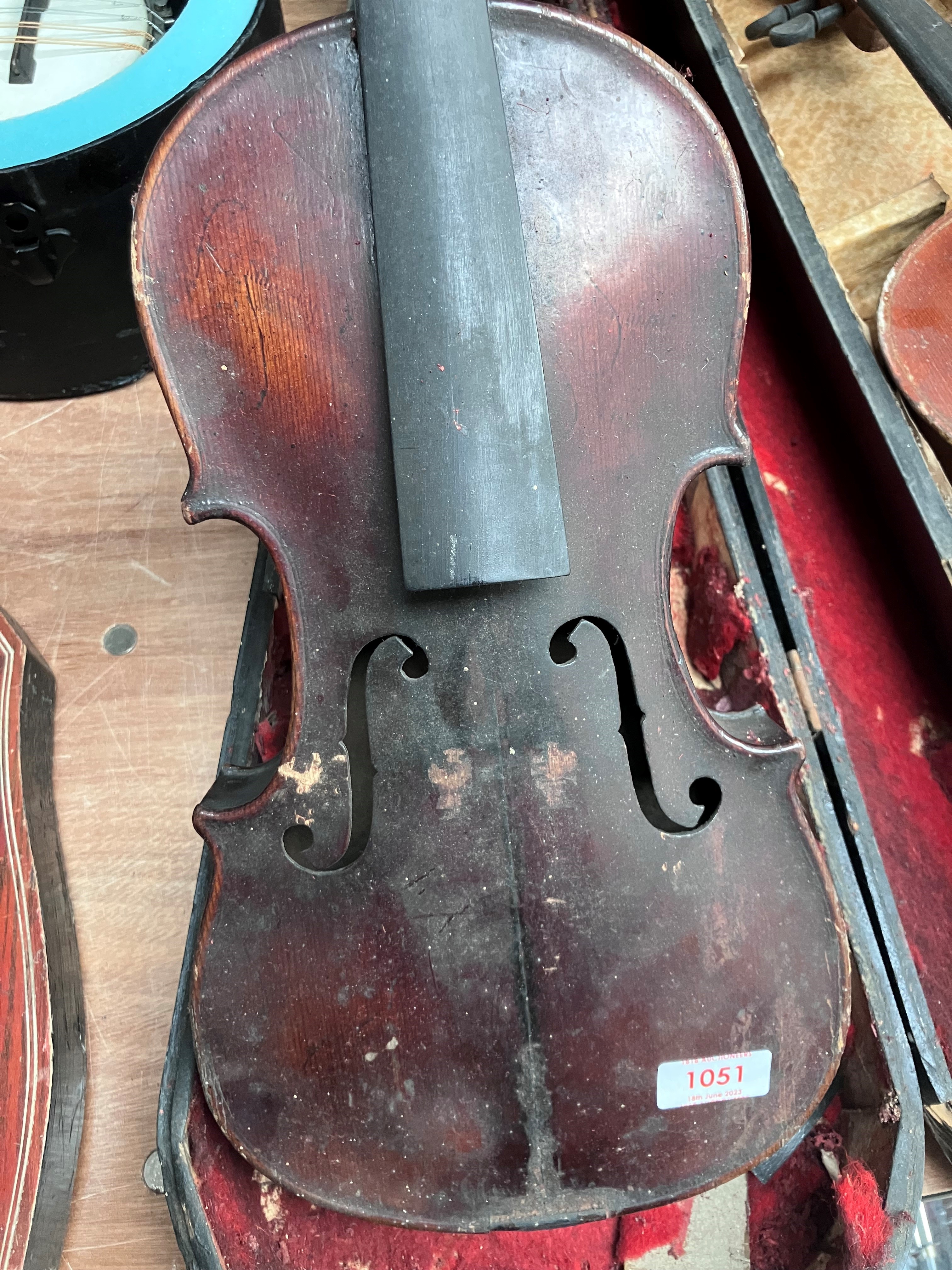 Two antique violins and cases, with one bow, all as found - Image 6 of 6
