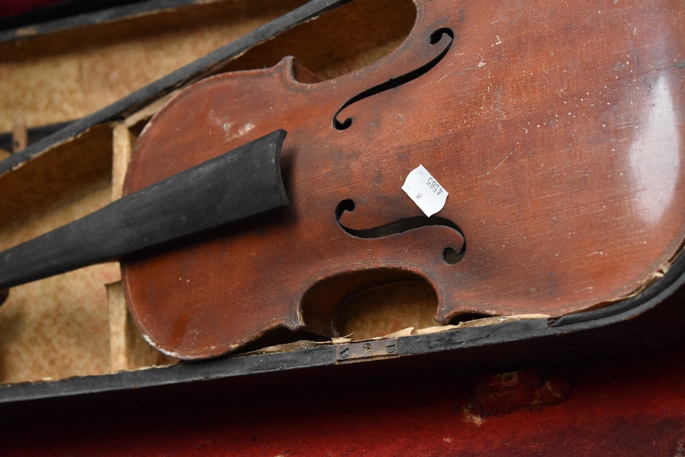 Two antique violins and cases, with one bow, all as found - Image 3 of 6