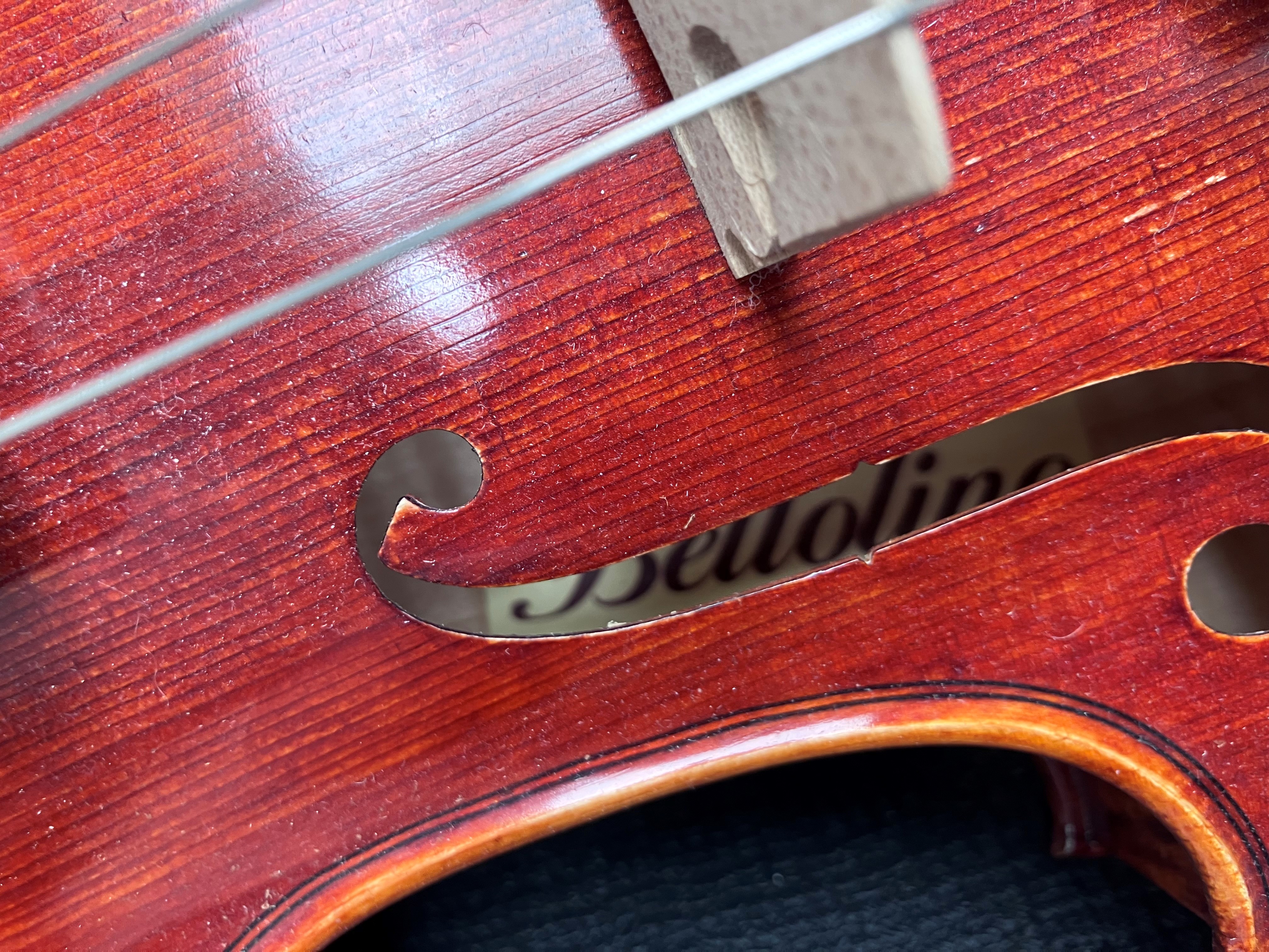 A modern violin having one piece 14inch back , labelled Bellolino, with plush fitted case and bow - Image 4 of 7