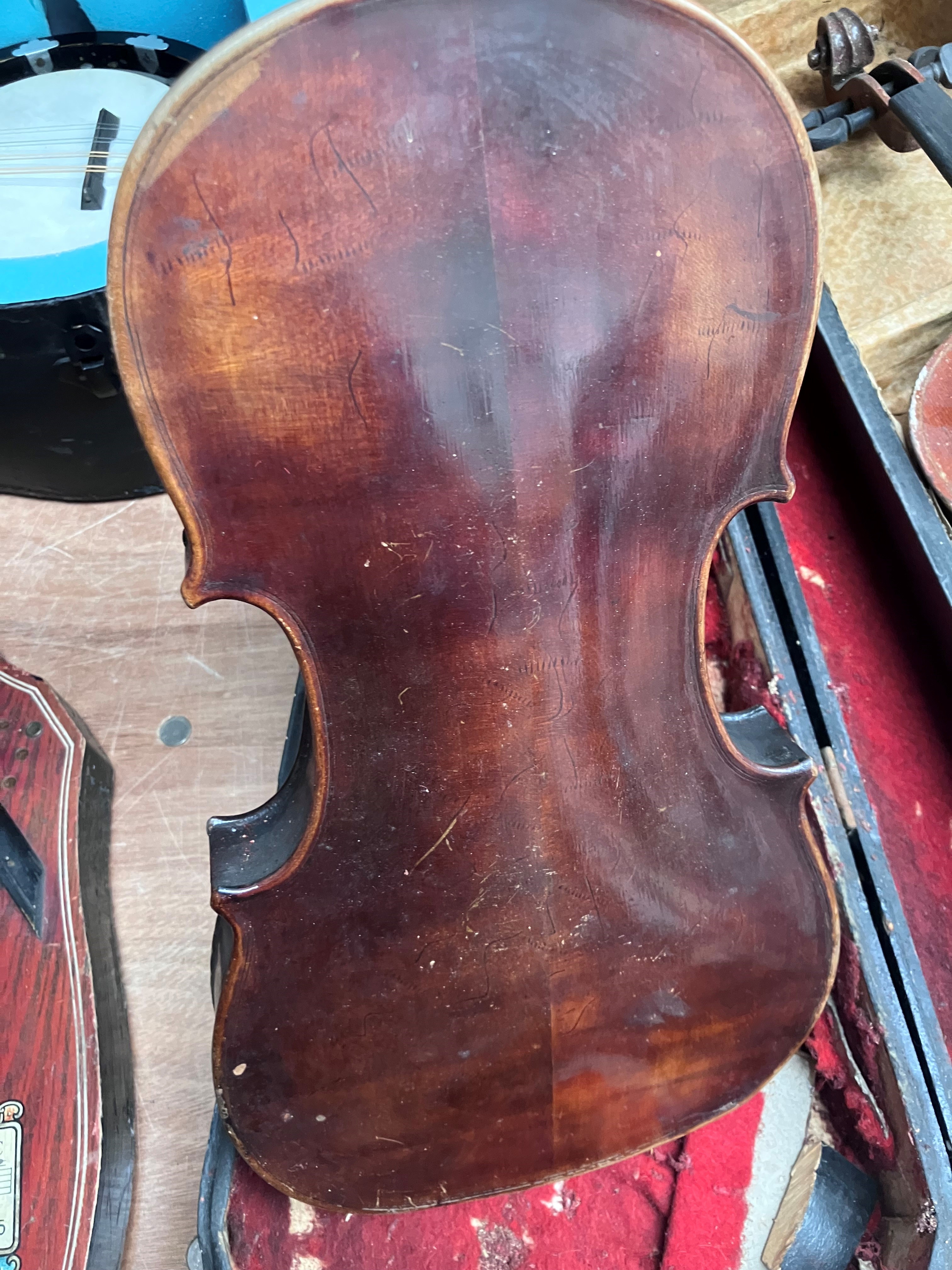 Two antique violins and cases, with one bow, all as found - Image 5 of 6
